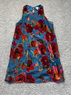 Xhilaration Blue Floral Velvet Burnout Dress with Red and Orange Flowers
